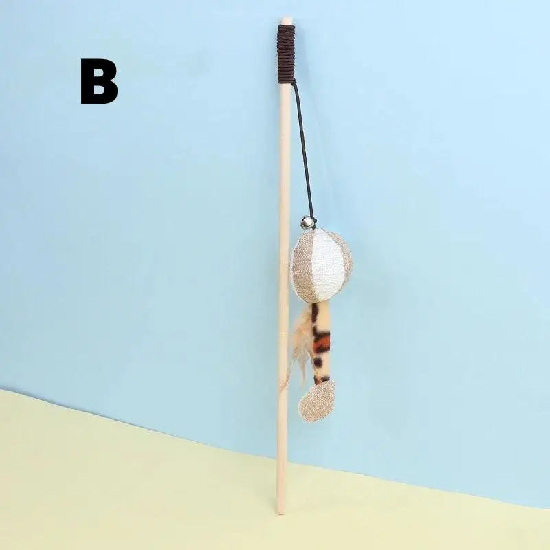 Mouse Shape Wooden Cat Teaser Wand with Feather & Bell Cat Teaser Wand Axl B