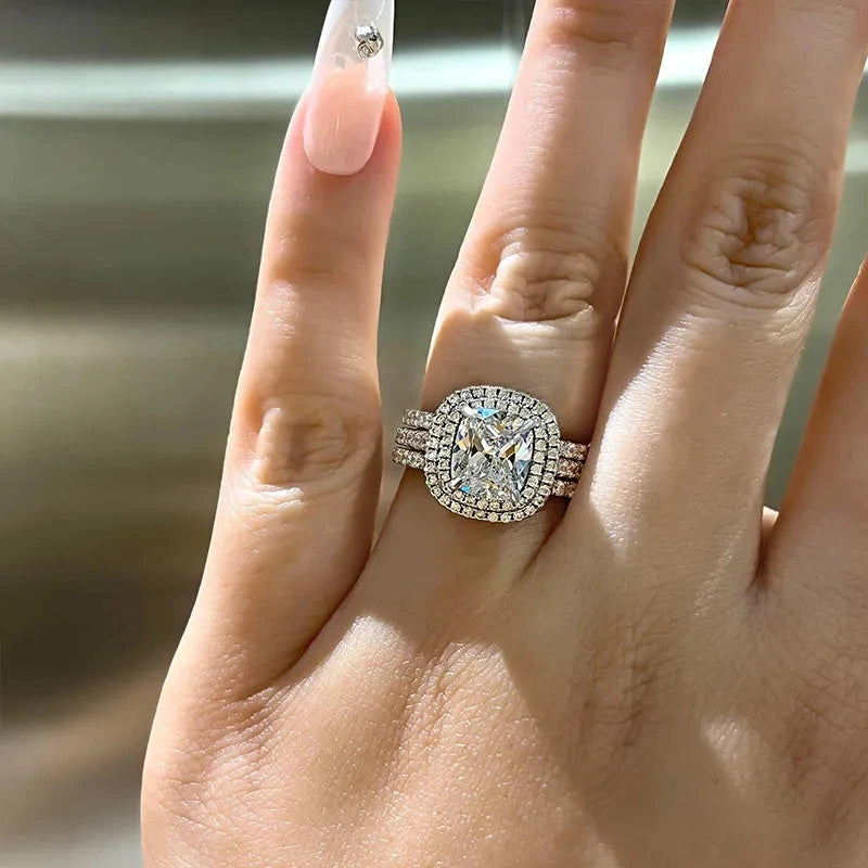 Huitan CZ Bridal Ring Set – 3-Piece Sparkling Wedding Rings Bridal Ring Set Axl