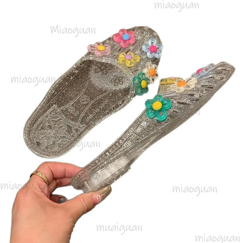 Women's Crystal Jelly Sandals – Floral Transparent Beach Slides Women's Jelly Sandals Axl