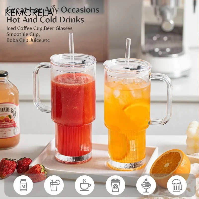 KEMORELA 750ml Glass Tumbler with Handle, Lid & Straw Glass Tumbler Axl