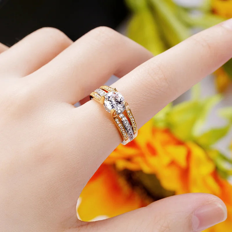 Huitan Gold Sparkling CZ Wedding Ring – Bridal Engagement Band Fashion Ring Axl