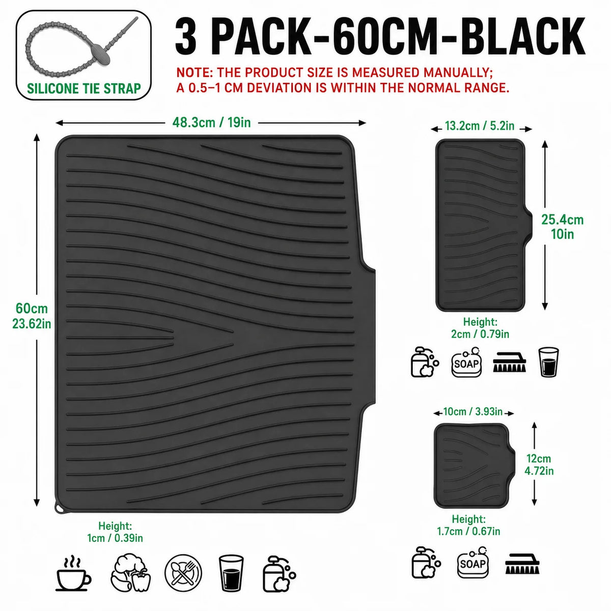 3-Piece Silicone Dish Drying Mat Set – Drainage & Trivet Dish Drying Mat Set Axl 3 PACK-60CM-Black All Set