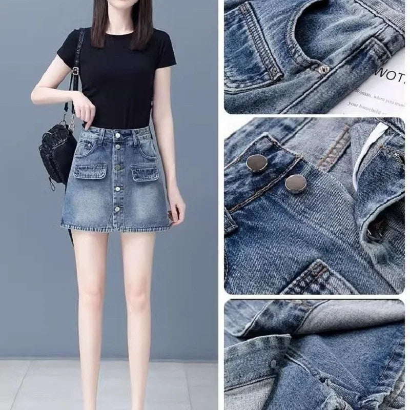 Women's Denim Mini Cargo Skirt – Button Fly A-Line with Pockets Denim Mini Skirt Axl