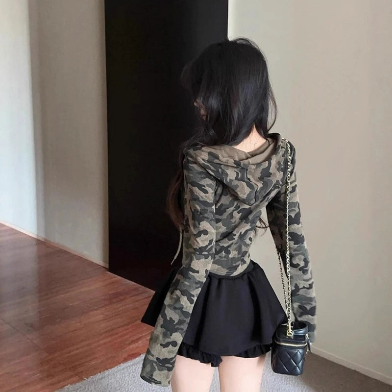 Women's Camo Hooded Crop Jacket – Zip Up Slim Fit Streetwear Crop Hoodie Jacket Axl