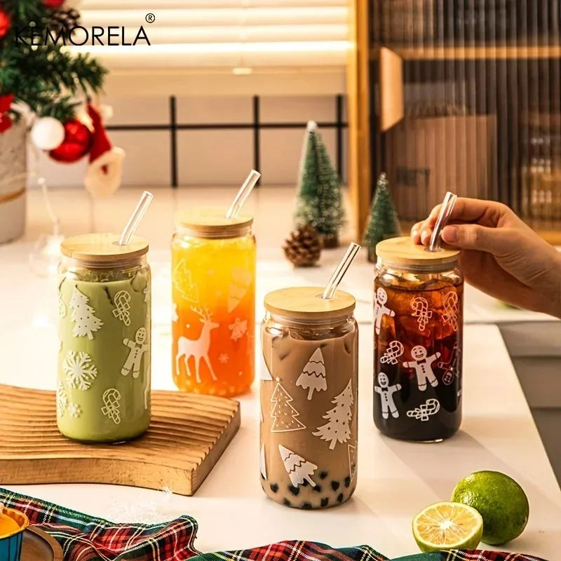 Christmas Glass Tumbler 480ml – Xmas Tree & Elk Cup, Lid & Straw Glass Tumbler Set Axl