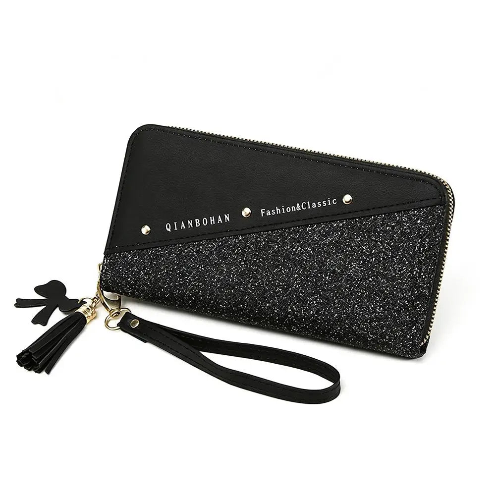 Women's Glitter PU Leather Wallet – Tassel Zipper Clutch Purse Women's Clutch Wallet Axl Black
