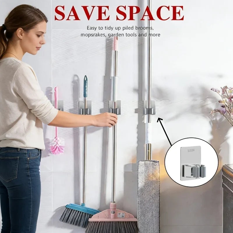 3-Pack No-Drill Wall-Mounted Mop & Broom Holder | Stainless Wall Hook Set Axl