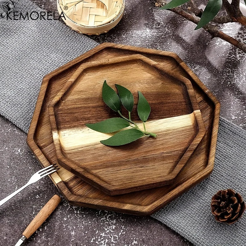 KEMORELA Acacia Wood Serving Tray – Octagonal Dinner & Dessert Plate Wood Serving Tray Axl