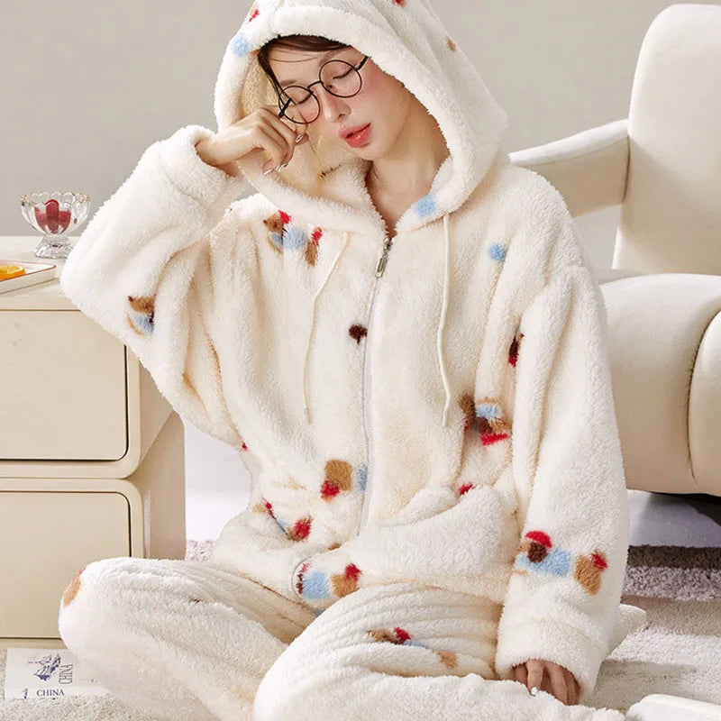 Women's Hooded Cartoon Pajama Set – Warm Fleece 2-Piece Homewear Women's Pajama Set Axl