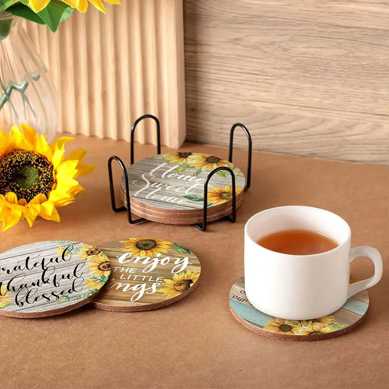 6-Piece Vintage Sunflower Drink Coasters Set with Holder Drink Coasters Set Axl