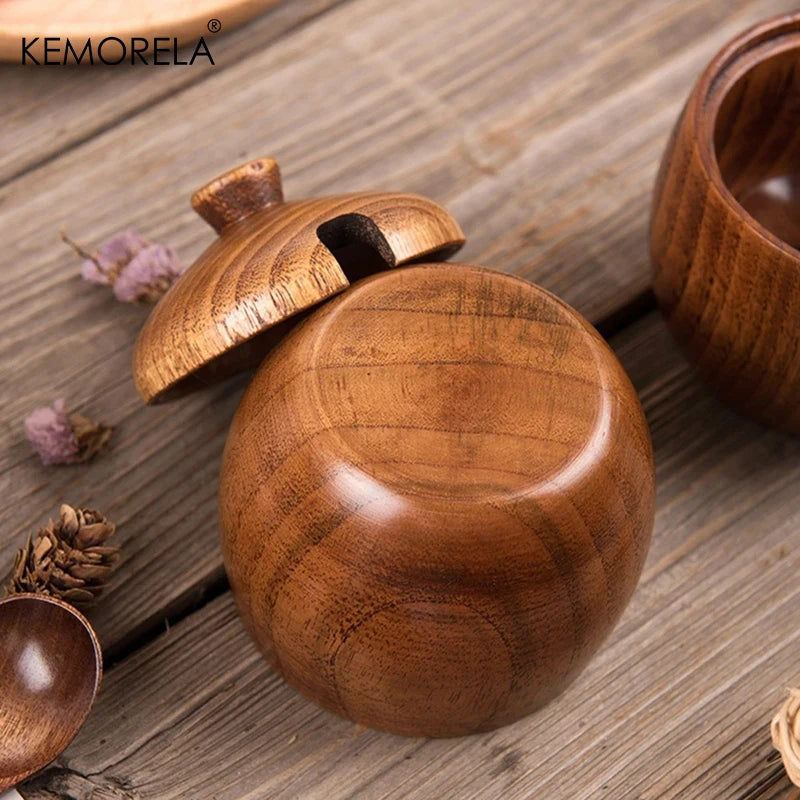 KEMORELA 2-Pack Retro Wood Condiment Jars with Lid & Spoon Condiment Container Set Axl
