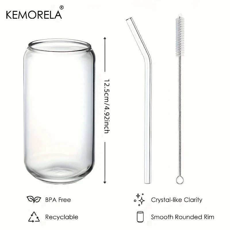 KEMORELA 4-Piece Glass Beer Cups Set with Straws & Cleaner Glass Drinkware Set Axl