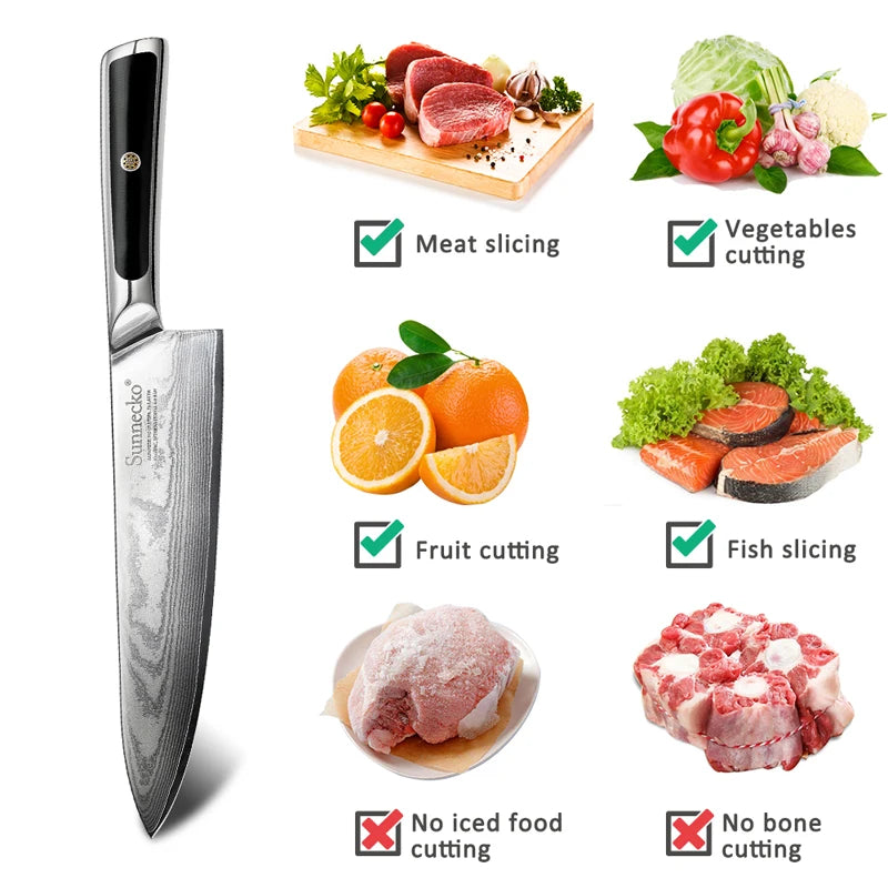 Sunnecko Damascus Steel Chef Knife Set – 73-Layer VG10 1–8pc Damascus Knife Set Axl