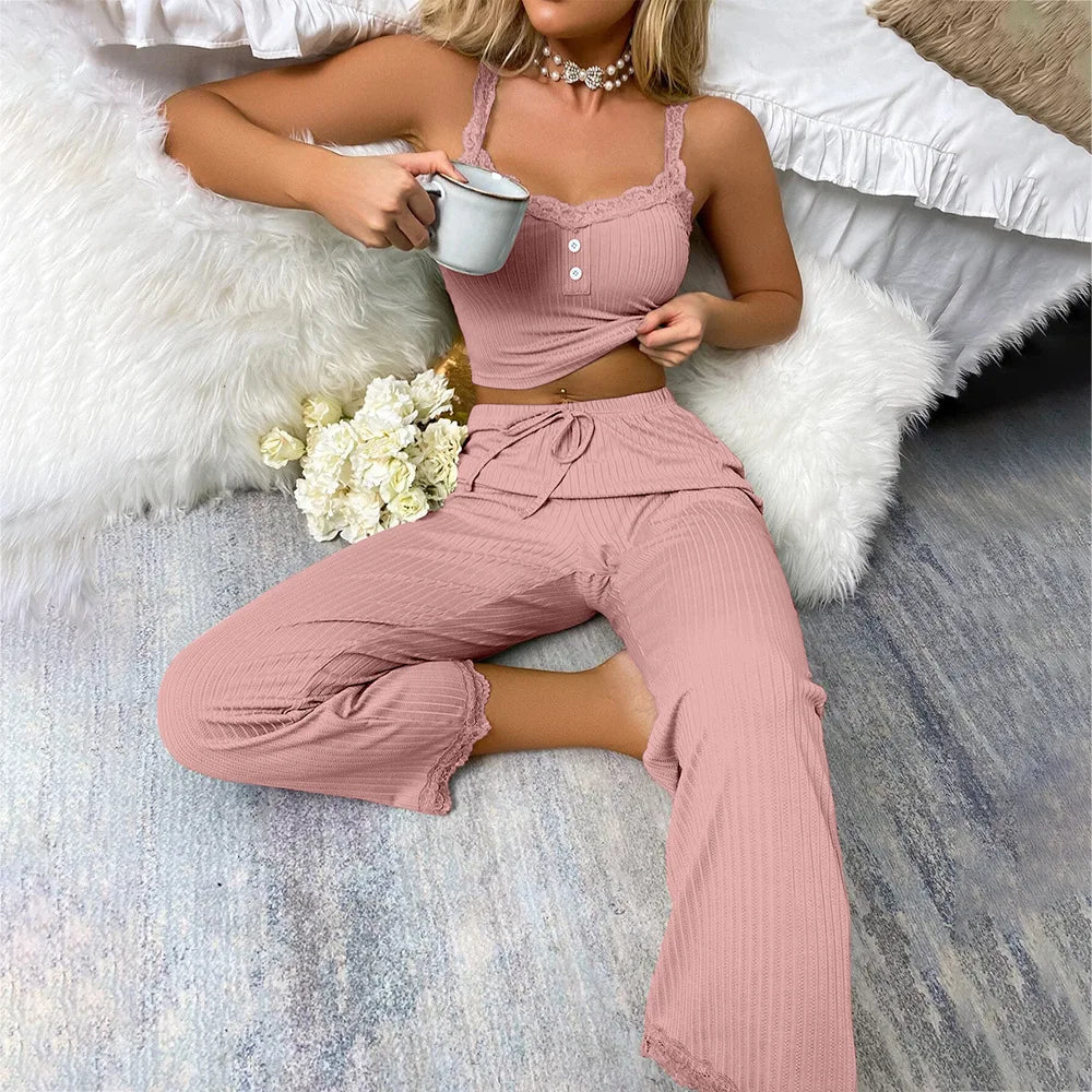 Women's Lace Trim 2-Piece Pajama Set – Soft Spaghetti Strap Sleepwear Pajama Set Axl Pink S