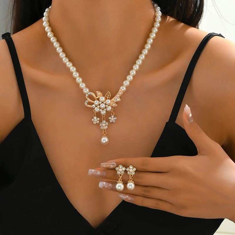 Women's Faux Pearl Rhinestone Flower Necklace & Earring Set Jewelry Set Axl