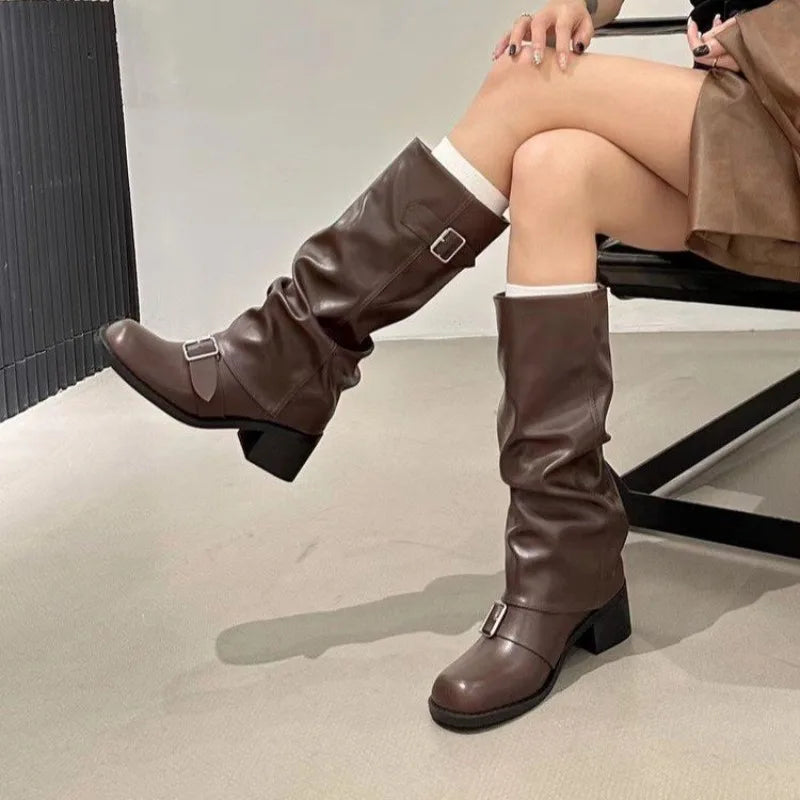 Women's Buckle Strap Knee-High Boots – Retro Round Toe Knee-High Boots Axl