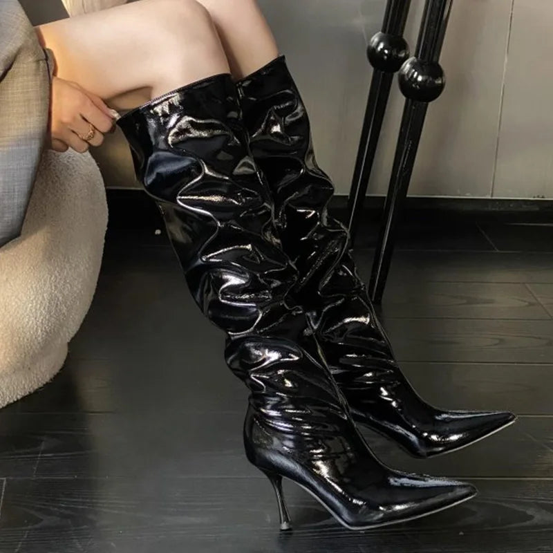 Women's Shiny Pleated Mid-Calf Boots | Pointed Toe Stiletto Mid-Calf Heeled Boots Axl