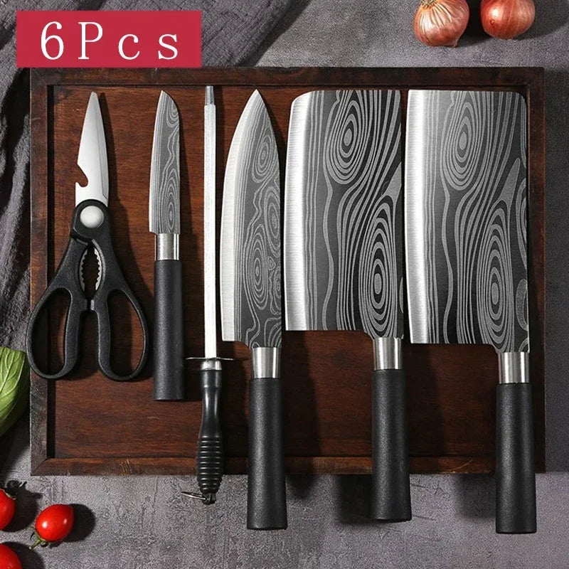 Damascus Chef Knife Set with Scissors & Sharpening Rod Chef Knife Set Axl 6pcs