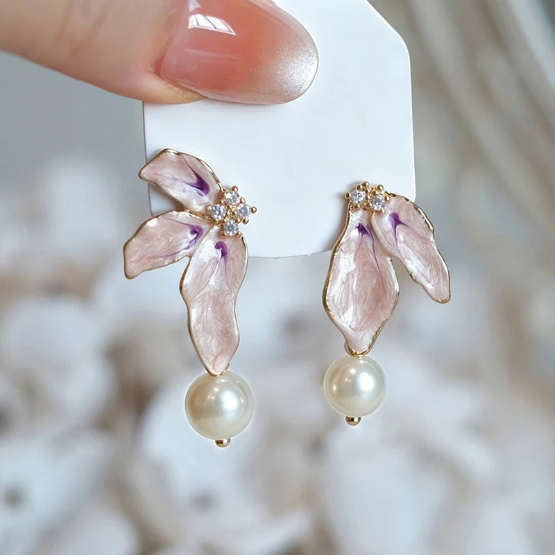 Huitan Pink Enamel Flower & Pearl Drop Earrings | Women Drop Earrings Axl