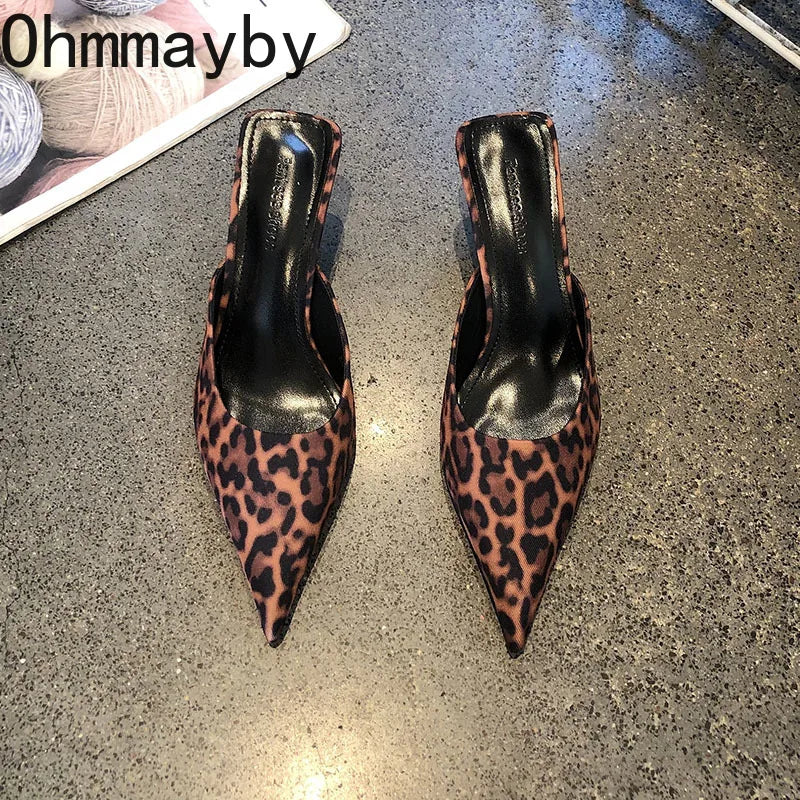 Women's Leopard Print High Heel Mules – Pointed Toe Slides High Heel Mules Axl
