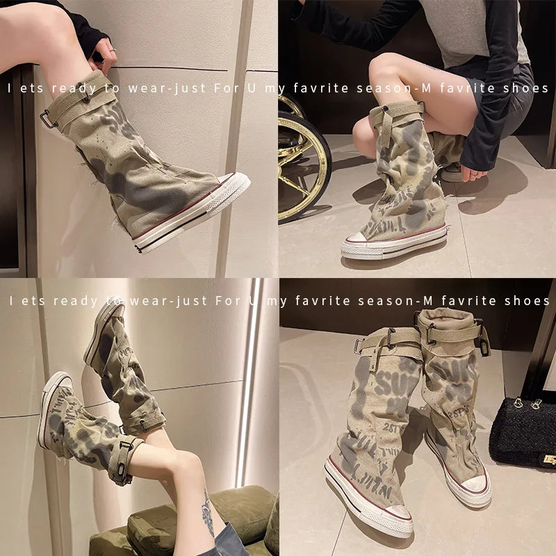 Women's Canvas Flat Cowboy Boots – Knee-High Slip-On Punk Style Knee-High Boots Axl
