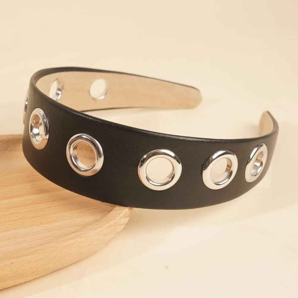 Punk PU Leather Headband | Metal Grommet Steampunk Hair Wrap Punk Hair Headband Axl Black