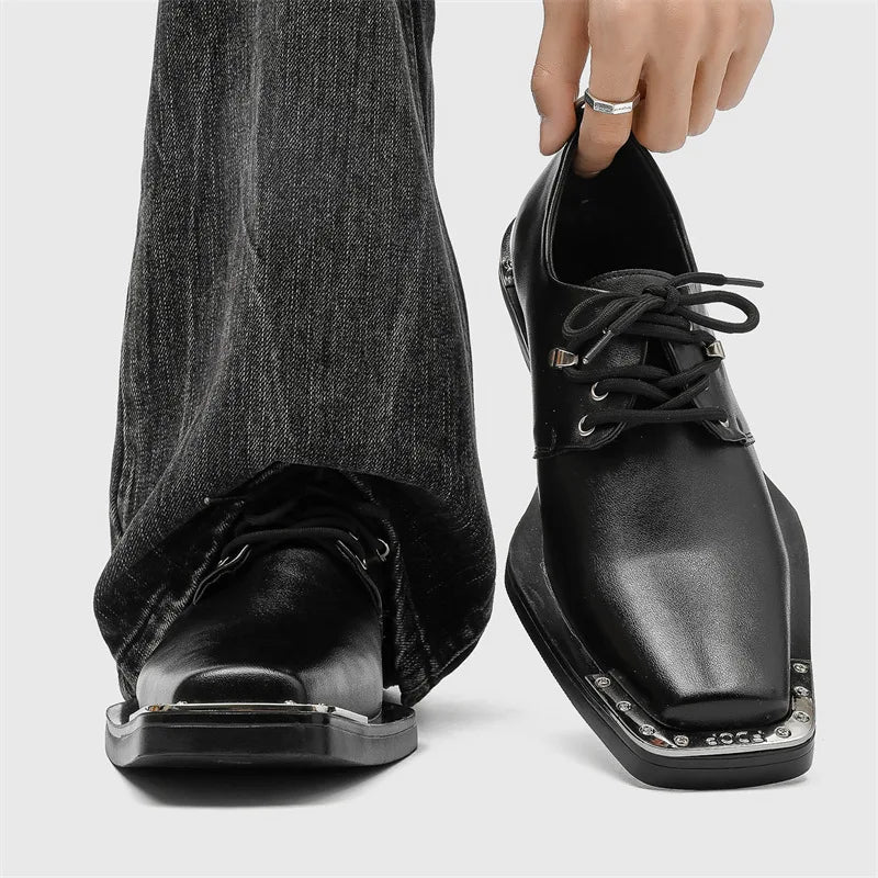 Men's Square Toe Derby Shoes – Thick Sole Split Leather Men's Derby Shoes Axl Black 38