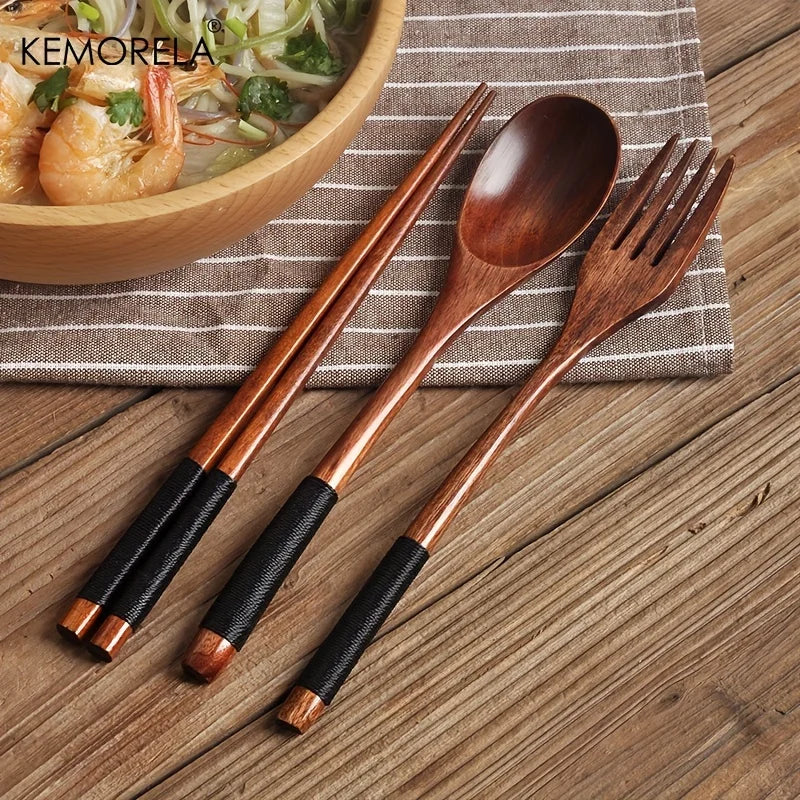 KEMORELA 3-Piece Wooden Chopsticks Fork Spoon Set | Travel Wooden Cutlery Set Axl