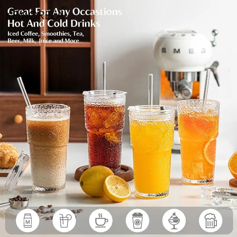 KEMORELA 600ml Begonia Glass Tumblers Set of 4 with Lids & Straws Glass Tumbler Set Axl