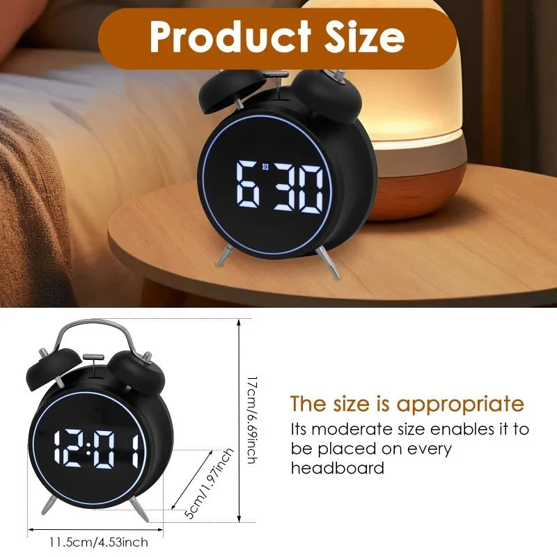 Double Bell Metal Digital Alarm Clock with LED Display – Black Digital Alarm Clock Axl