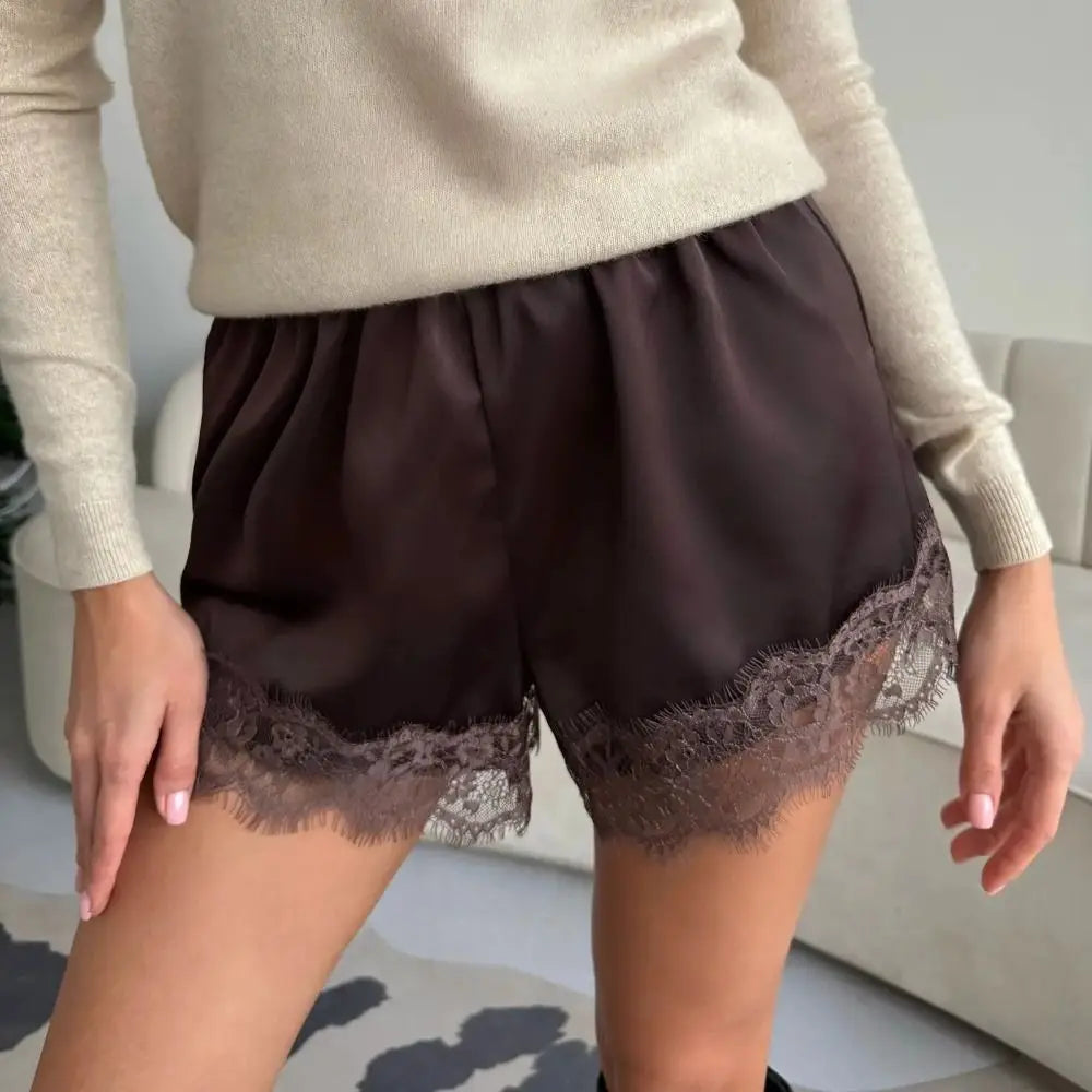 Women's Satin Lace Wide Leg Shorts – Elastic Waist Y2K Style Satin Lace Shorts Axl