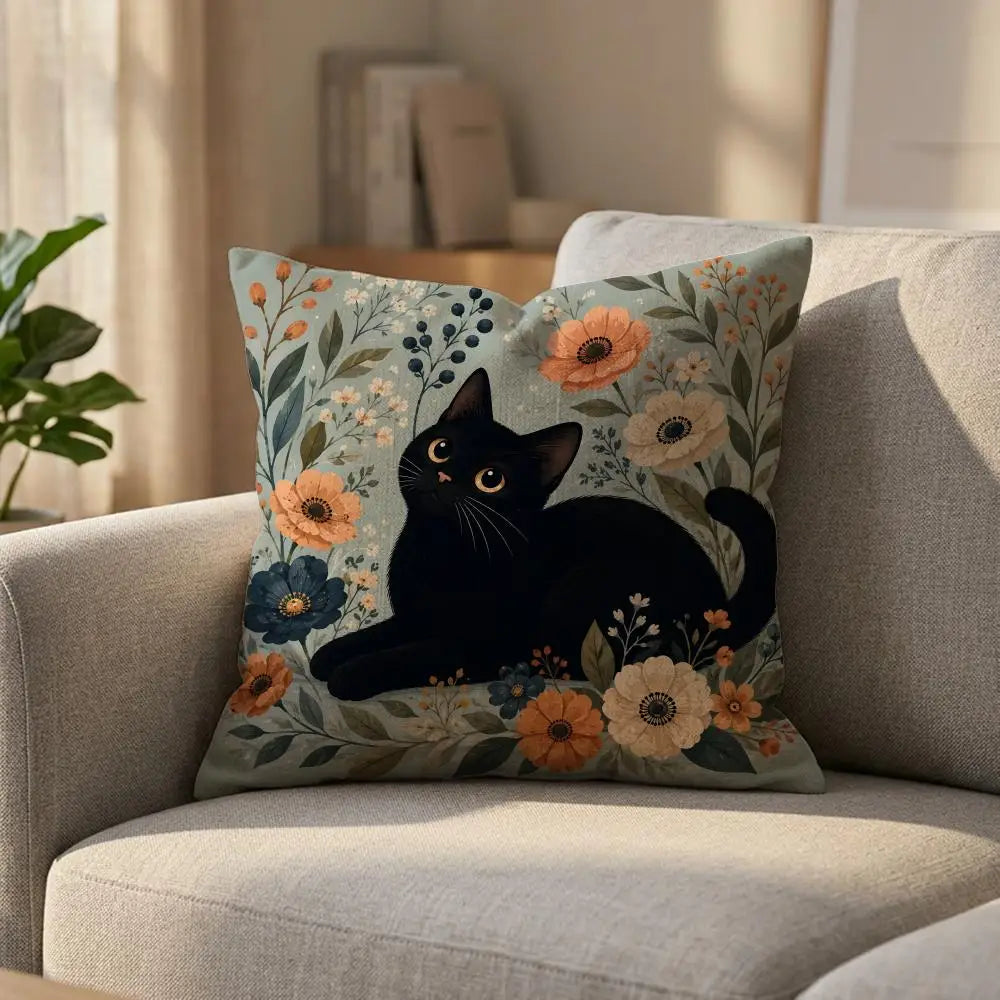 Black Cat Floral Linen Cushion Cover – Sofa & Bedroom Decor Linen Cushion Cover Axl