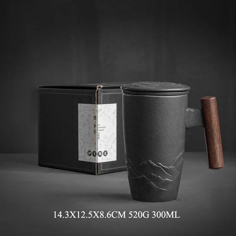 Retro Ceramic Tea Mug with Lid, Filter & Wooden Handle Ceramic Tea Mug Axl 15 350ML