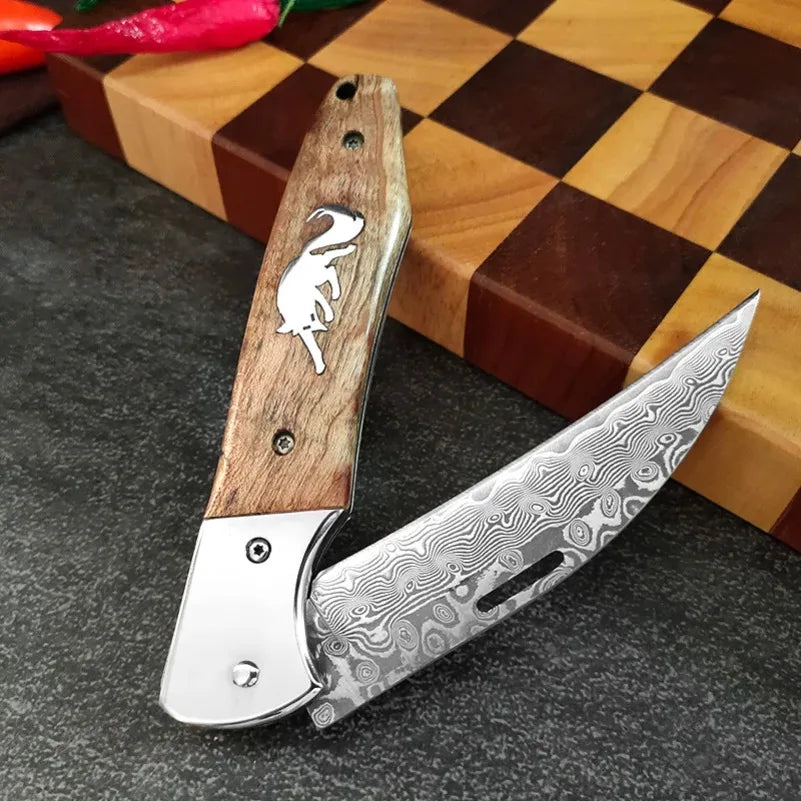 Damascus Steel Folding Knife – Sharp Wood Handle Kitchen Knife Folding Kitchen Knife Axl