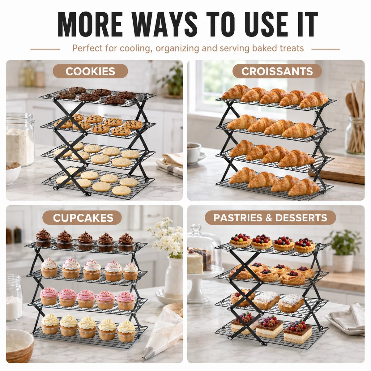 Foldable 2/3/4 Tier Cooling Rack – Stackable Wire Grid Baking Stand Baking Cooling Rack Axl