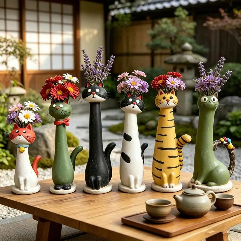 Cat Shaped Resin Vase – Cute Long Neck Cat Floral Ornament Decorative Resin Vase Axl