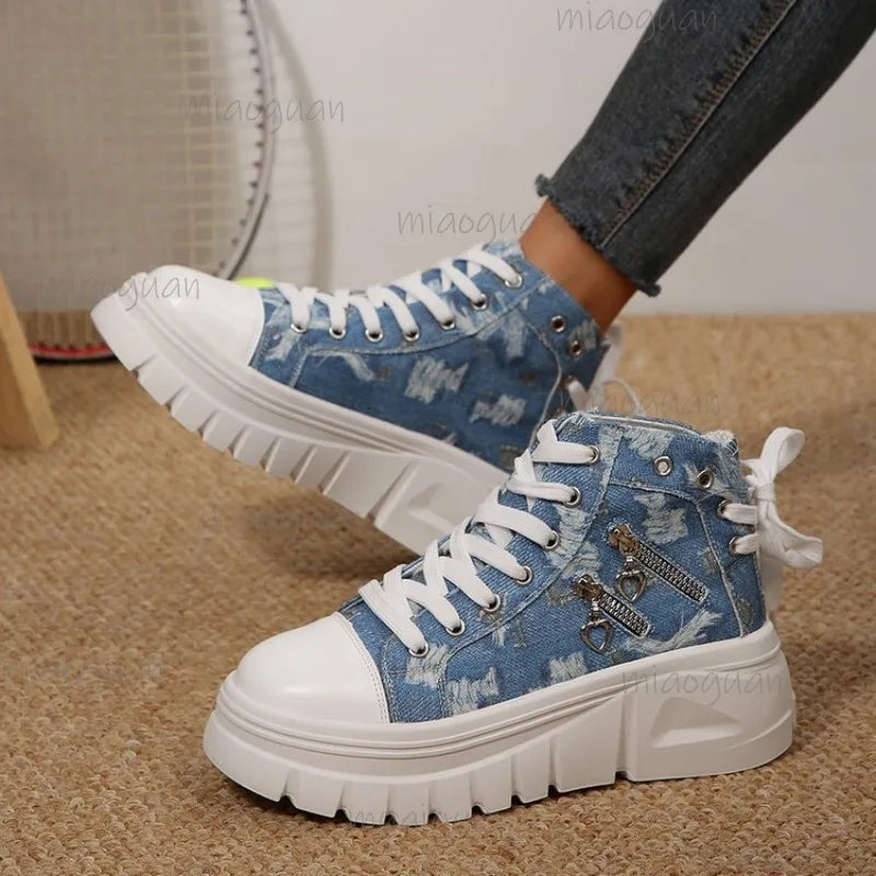 Women's Canvas Denim High-Top Sneakers – Thick Platform Sole Canvas High-Top Sneakers Axl