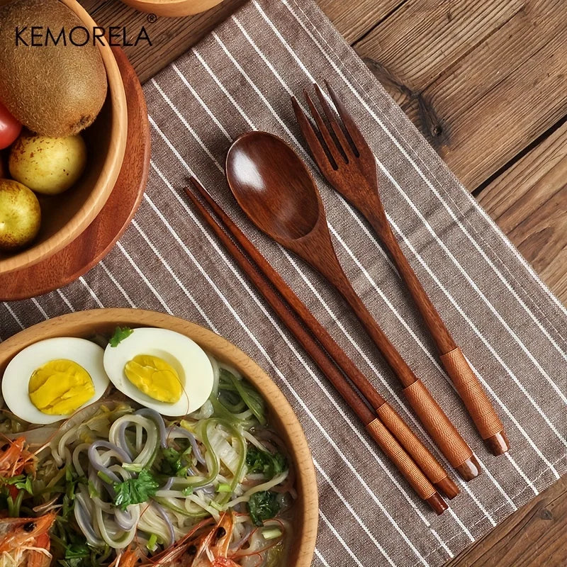 KEMORELA 3-Piece Wooden Chopsticks Fork Spoon Set | Travel Wooden Cutlery Set Axl
