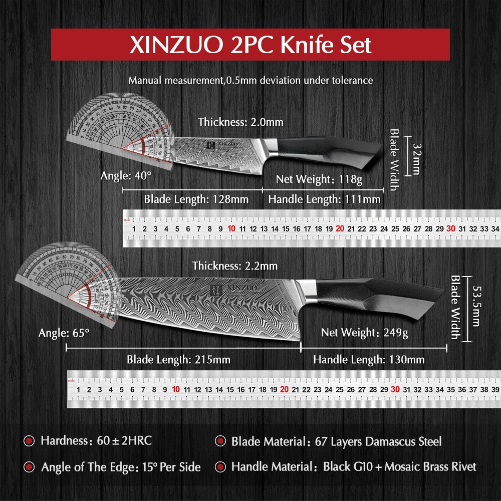 XINZUO 2-Pc Damascus Steel Knife Set – Chef & Utility, G10 Handle Kitchen Knife Set Axl