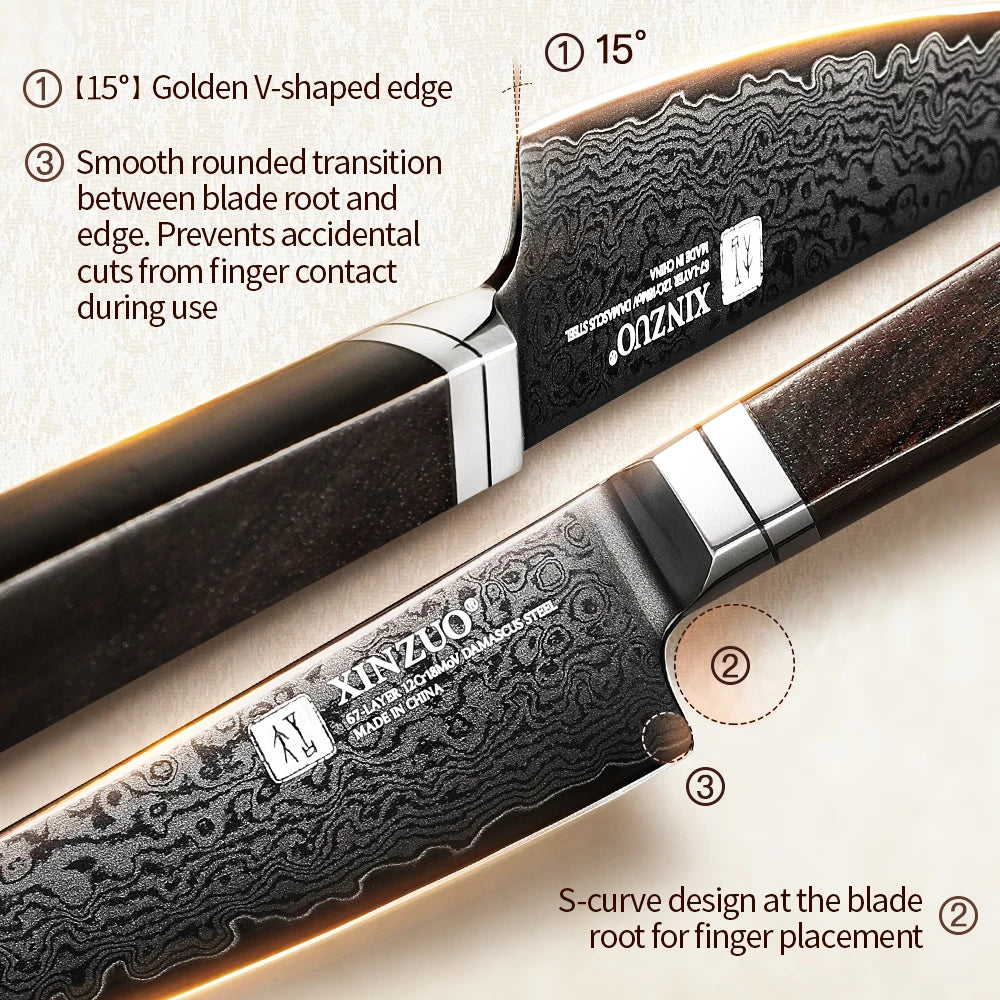 XINZUO 67-Layer Damascus Steel Utility Knife – Ebony & G10 Damascus Utility Knife Axl