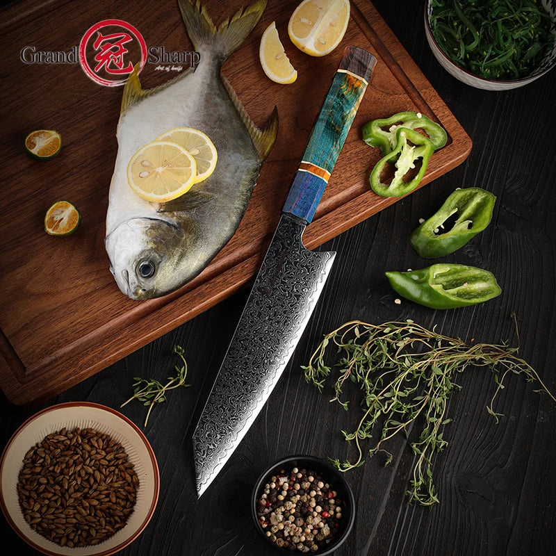 Damascus Steel Kiritsuke Chef Knife | Purple Handle | 67-Layer Kiritsuke Chef Knife Axl