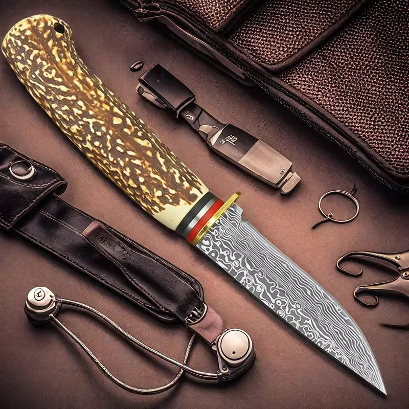 FL FLYWOD Fixed Blade Knife – Damascus Bone Handle D3 Steel Fixed Blade Knife Axl