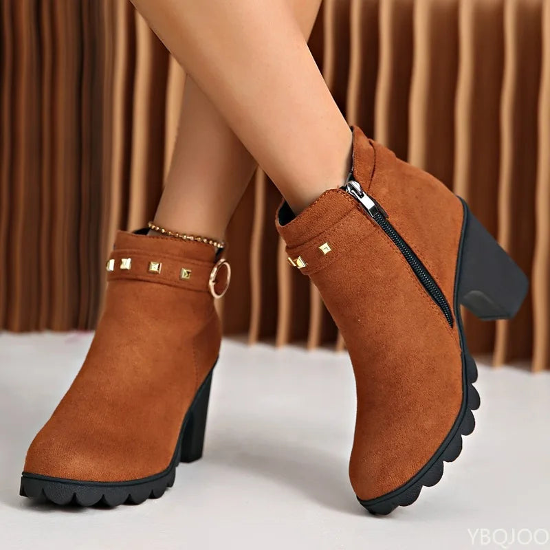 Women's Suede Block Heel Ankle Boots – Side Zip, Wide Sizes Heeled Ankle Boots Axl 38 brown
