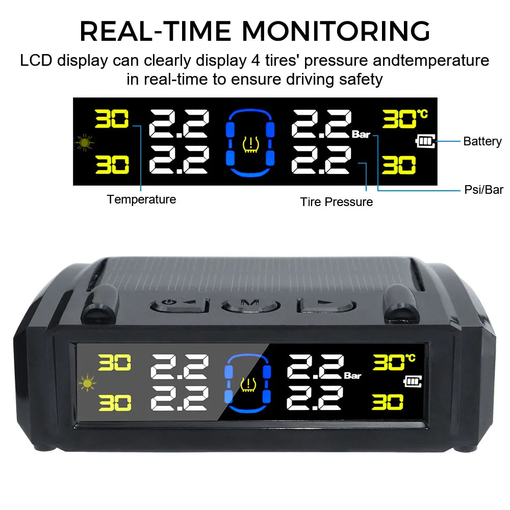 Solar TPMS Tire Pressure Monitor – 4 External Sensors & LCD Tire Pressure Monitor Axl