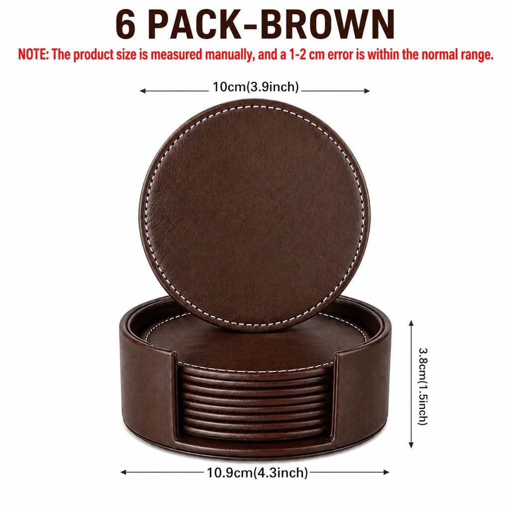 PU Leather Drink Coaster Set of 6 with Holder – Heat Resistant Drink Coaster Set Axl 6 PACK-Brown