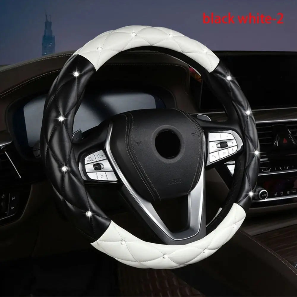 Diamond PU Leather Steering Wheel Cover – Black & Pink Steering Wheel Cover Axl black white-2