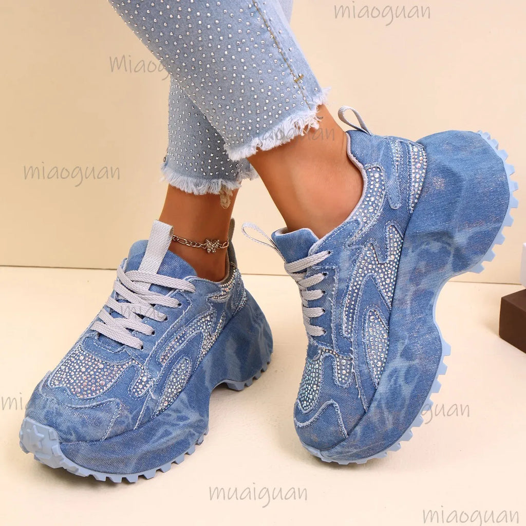 Women's Rhinestone Chunky Platform Sneakers | Denim Canvas Platform Sneakers Axl