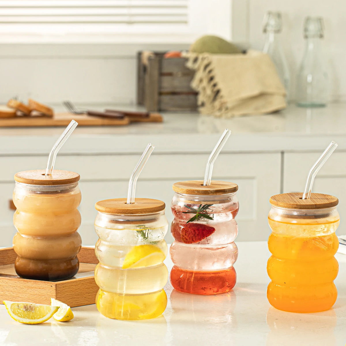 4-Pack Wave Borosilicate Glass Cups with Lid & Straw | KEMORELA Glass Drinkware Set Axl