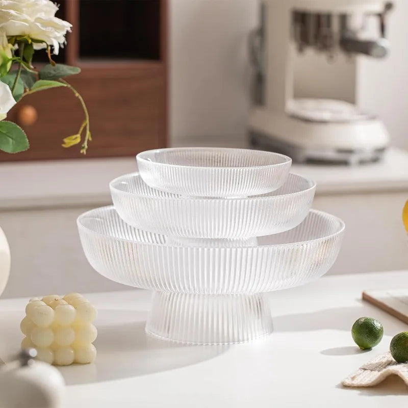 Clear Ribbed Glass Pedestal Fruit Bowl – Elegant Kitchen Decor Glass Pedestal Bowl Axl