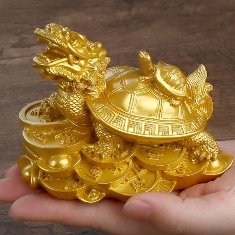Feng Shui Dragon Turtle Statue – Gold Resin Wealth Decor Feng Shui Figurine Axl